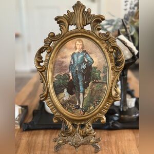 Vintage Ornate Gold Framed Portrait of boy in blue 11”x8” Hong Kong plastic